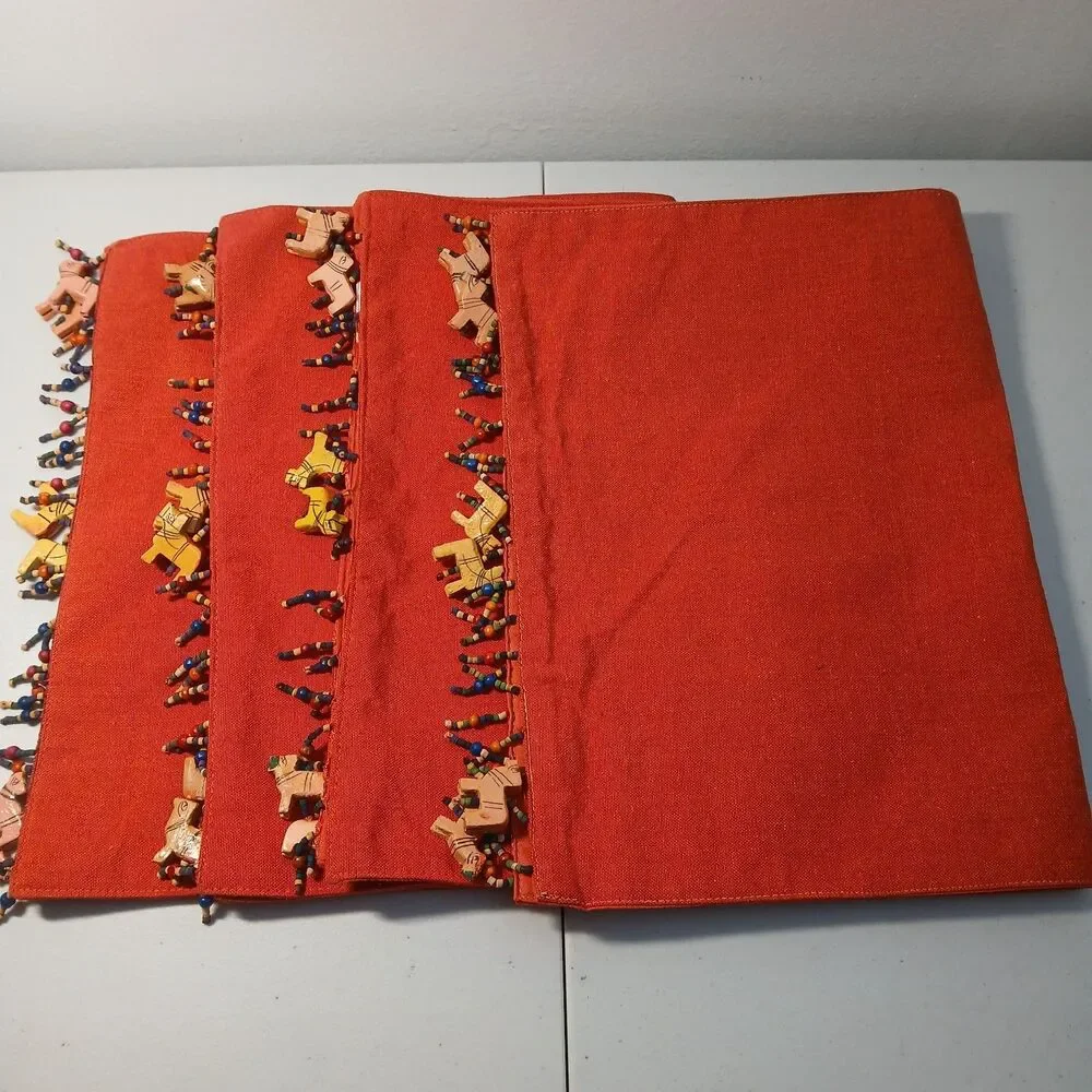 Pier 1 Imports Red Beaded Trim Cotton Placemats Ornate Wooden Bohemian Set of 4